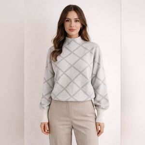 Tahari Plaid Mock Neck Windowpane Shimmer Sweater L Old Money Clean Girl Urban